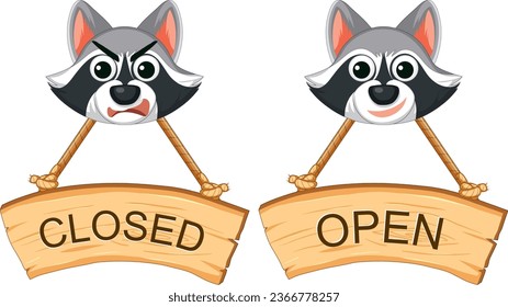 A whimsical raccoon-themed sign banner for indicating open and closed status