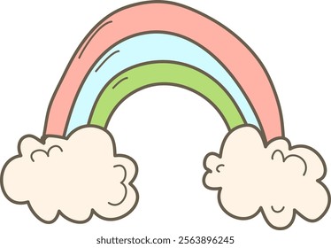 Whimsical rainbow and fluffy clouds in sketch style. Vector Illustration.