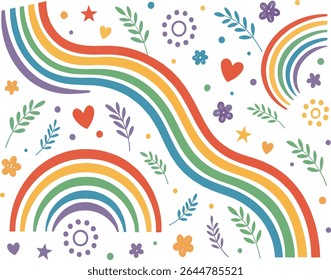 Whimsical rainbow vector illustration with floral and heart elements on white background