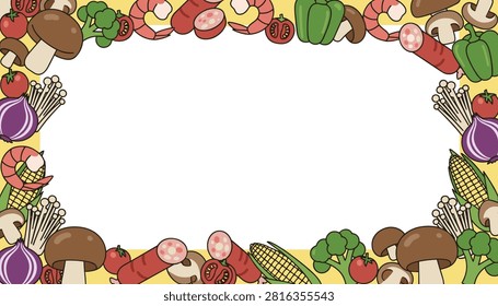 Whimsical recipe border frame filled with tomatoes, mushrooms, shrimp, broccoli, sausage, onions, and corn.