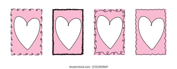 Caprichoso marco rojo coqueta de San Valentín con corazones. Bordes dibujados a mano para el día de San Valentín, cumpleaños, boda. Antiguas Elementos minimalistas en línea de arte, estilo doodle. Ilustración vectorial aislada.