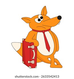 Whimsical red fox with red suitcase isolated transparent. Vector illustration of fox in red tie leaned on the suitcase. Perfect animal travel theme poster banner social media template design. EPS 10