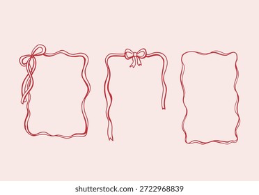 Caprichosos marcos de cinta roja con arcos. Bordes dibujados a mano para invitación de boda, saludos de vacaciones, tarjeta de cumpleaños