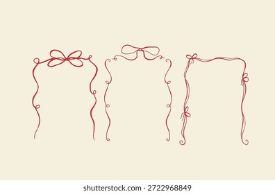 Caprichosos marcos de cinta roja con arcos. Bordes dibujados a mano para invitación de boda, saludos de vacaciones, tarjeta de cumpleaños, día de San Valentín