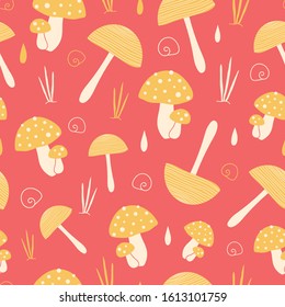 Whimsical red vector pattern with yellow mushrooms