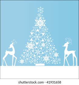 Whimsical reindeer with christmas tree - copyspace below