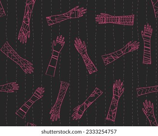 Whimsical repeat pattern of pink textured human arm outlines on striped black background. Surreal grungy emo style seamless illustration of hands.