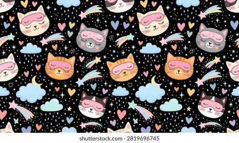 Whimsical repeated pattern featuring cute sleepy cats with masks on a dark starry sky.