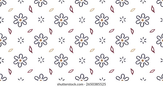 Um design caprichoso e repetitivo em uma tela branca exibe flores simples e contornadas com centros castanhos, intercaladas com folhas dispersas na Borgonha e no bronzeado.