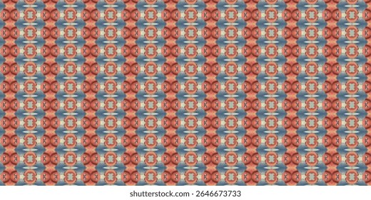 Whimsical repeating pattern with abstract red circular shapes and symmetrical blue accents, ideal for fashion, digital design, or wallpaper textures.
