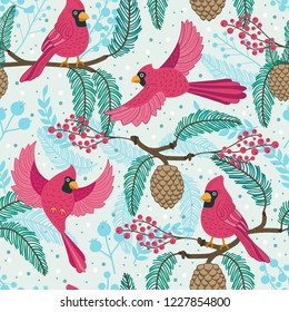 Whimsical repeating pattern. Christmas and winter theme. Red Cardinal birds, pinecones, berries and branches. Perfect for textile, wrapping, print, web and all kinds of decorative projects.