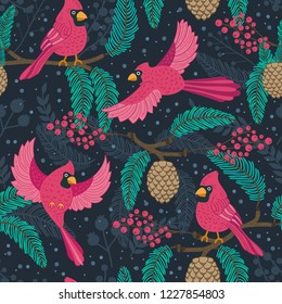 Whimsical repeating pattern. Christmas and winter theme. Red Cardinal birds, pinecones, berries and branches. Perfect for textile, wrapping, print, web and all kinds of decorative projects.