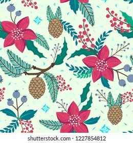 Whimsical repeating pattern. Christmas and winter theme. Red flowers, pinecones, berries and branches. Hand drawn style. Perfect for textile, wrapping, print, web and all kinds of decorative projects.