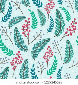 Whimsical repeating pattern. Christmas and winter theme. Plants, berries and leaves. Hand drawn style. Perfect for textile, wrapping, print, web and all kinds of decorative projects.