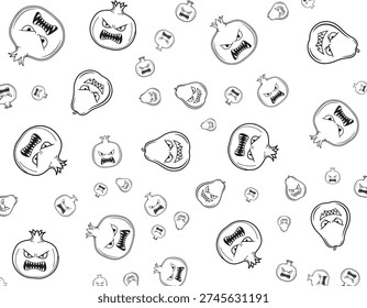A whimsical, repeating pattern featuring cartoonish pomegranates and pears with angry, spooky faces, rendered in a simple black and white line art style.