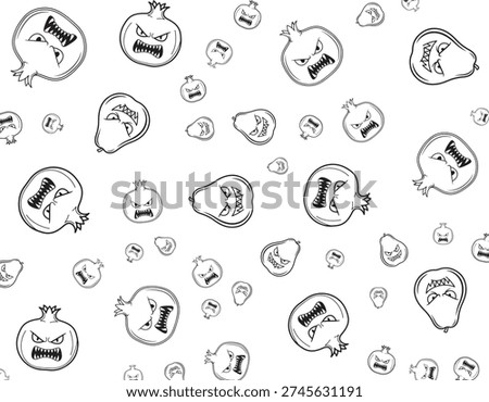 A whimsical, repeating pattern featuring cartoonish pomegranates and pears with angry, spooky faces, rendered in a simple black and white line art style.