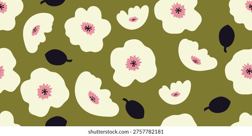 A whimsical repeating pattern featuring stylized cream white flowers with pink centers and dark oval shapes resembling leaves scattered across an olive green backdrop