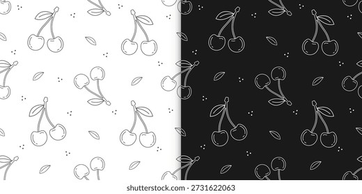A whimsical, repeating pattern filled with hand-drawn cherry doodles and scattered leaves, appearing on both a bright white and a dark black background.