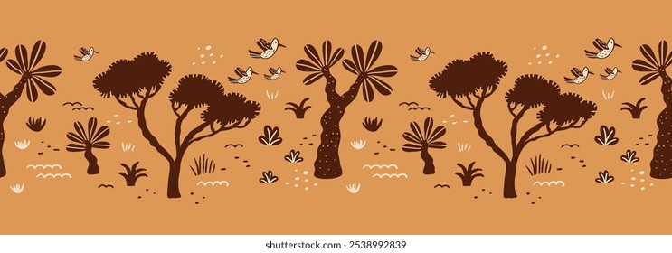 Ein skurriles, sich wiederholendes Vektormuster mit stilisierten afrikanischen Safaribäumen, Vögeln und Vegetation in braunen Silhouetten auf hellorangefarbenem Hintergrund, das eine friedliche Savannenatmosphäre schafft.