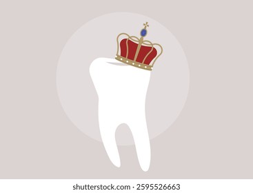 A whimsical representation highlights a tooth adorned with a royal crown, signifying both importance and care within dental health, The soft background enhances this imaginative portrayal