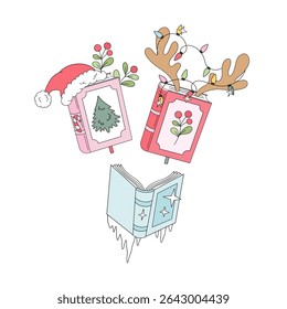 Livros de Natal retrô encantadores com Chapéu de Santa, baga de azevinho, Antlers com Terras, e uma ilustração de vetor de Livro de inverno congelado isolado no branco. Ótimo para estampas festivas, feriado com tema de livro