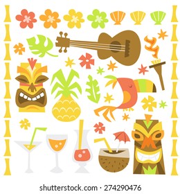 A whimsical retro illustration of hawaiian luau tiki party design elements.