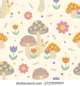 Patrón sin fisuras de setas retro caprichoso. Fondo del bosque Groovy con los taburetes de sapo y los conejos que esconden. Diseño plano de Vector para cottagecore Envoltura de regalo de Pascua, decoración o Mercancía de amante de la naturaleza.
