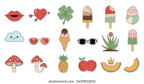 Whimsical retro summer vibes collection featuring fruits flowers and fun icons