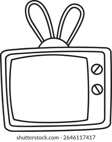 Whimsical Retro Television with Bunny Ears Antenna Decorative Black and White Illustration for Nostalgic or Easter Themed Projects and Designs with a Touch of Playfulness