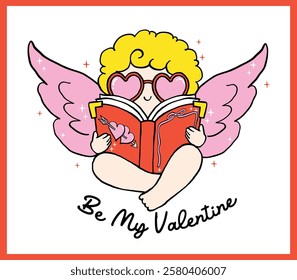 Whimsical Retro Valentine Bookish Cupid Reading Books Bold Lined Hand Drawn