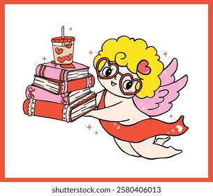 Whimsical Retro Valentine Bookish Cupid with Books and iced coffee Bold Lined Hand Drawn