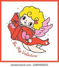 Whimsical Retro Valentine Bookish Cupid with Book Bold Lined Hand Drawn