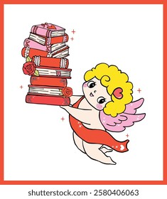 Whimsical Retro Valentine Bookish Cupid with Books stack Bold Lined Hand Drawn