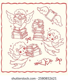 Whimsical Retro Valentine Bookish Cupid Reading Book Outline Set with Wavy Squiggle Hand Drawn
