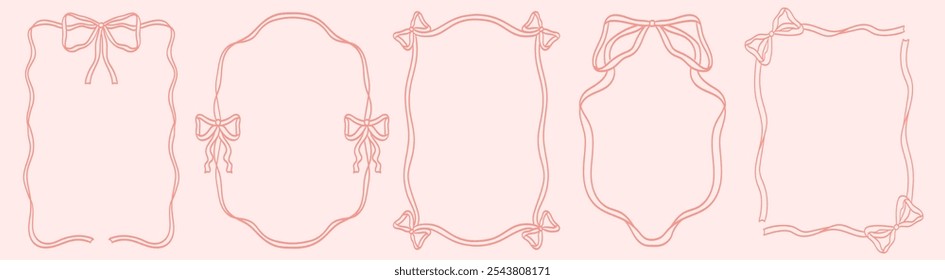 Whimsical ribbon frames with bows on pink background. Hand Drawn borders for wedding invitation, holiday greetings, birthday card, menu design and other decorations. Line art in doodle style.