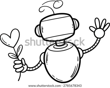 Whimsical robot character offering affection with a bloom. Ideal for greeting cards tech concepts or children's themes.