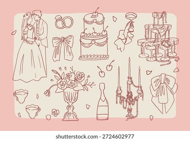 Whimsical rococo wedding line art doodles collection. Hand drawn Ink vector set of romantic celebration icons