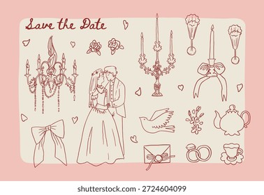 Colección caprichosa de garabatos de arte de línea de boda rococó. Vector de tinta dibujado a mano conjunto de iconos de celebración romántica