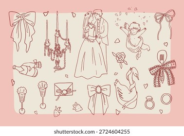 Colección caprichosa de garabatos de arte de línea de boda rococó. Vector de tinta dibujado a mano conjunto de iconos de celebración romántica