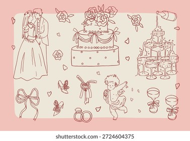 Colección caprichosa de garabatos de arte de línea de boda rococó. Vector de tinta dibujado a mano conjunto de iconos de celebración romántica