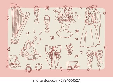 Colección caprichosa de garabatos de arte de línea de boda rococó. Vector de tinta dibujado a mano conjunto de iconos de celebración romántica