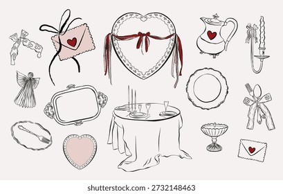 Whimsical rococo wedding and Valentine's line art doodles collection. Hand drawn Ink vector set of romantic celebration icons