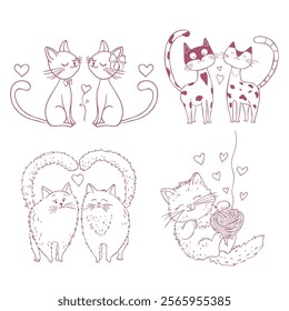 Whimsical Romantic Cats. Line Art Illustration.