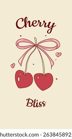Whimsical Romantic Coquette Bow Ribbon Pink Green Red Hand Drawn Illustration Doodle Heart Cherry Mobile Phone Wallpaper Vector Design