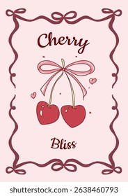 Whimsical Romantic Coquette Bow Ribbon Pink Green Red Hand Drawn Illustration Frame Doodle Heart Cherry Poster Printable Template Vector Design