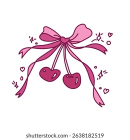 Whimsical Romantic Coquette Heart Bow Ribbons Hand Drawn Illustration Doodle Cherry Vector Design