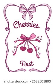Whimsical Romantic Coquette Heart Bow Ribbons Hand Drawn Illustration Doodle Cherry Poster Printable Template Vector Design
