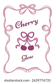Whimsical Romantic Pink Coquette Bow Hand Drawn Illustration Doodle Cherry Poster Printable Template Vector Design