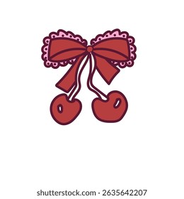 Whimsical Romantic Pink Red Coquette Lace Bow Hand Drawn Illustration Doodle Cherry Vector Design