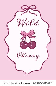 Whimsical Romantic Pink Red Coquette Cute Bow Hand Drawn Illustration Doodle Cherry Poster Printable Template Vector Design
